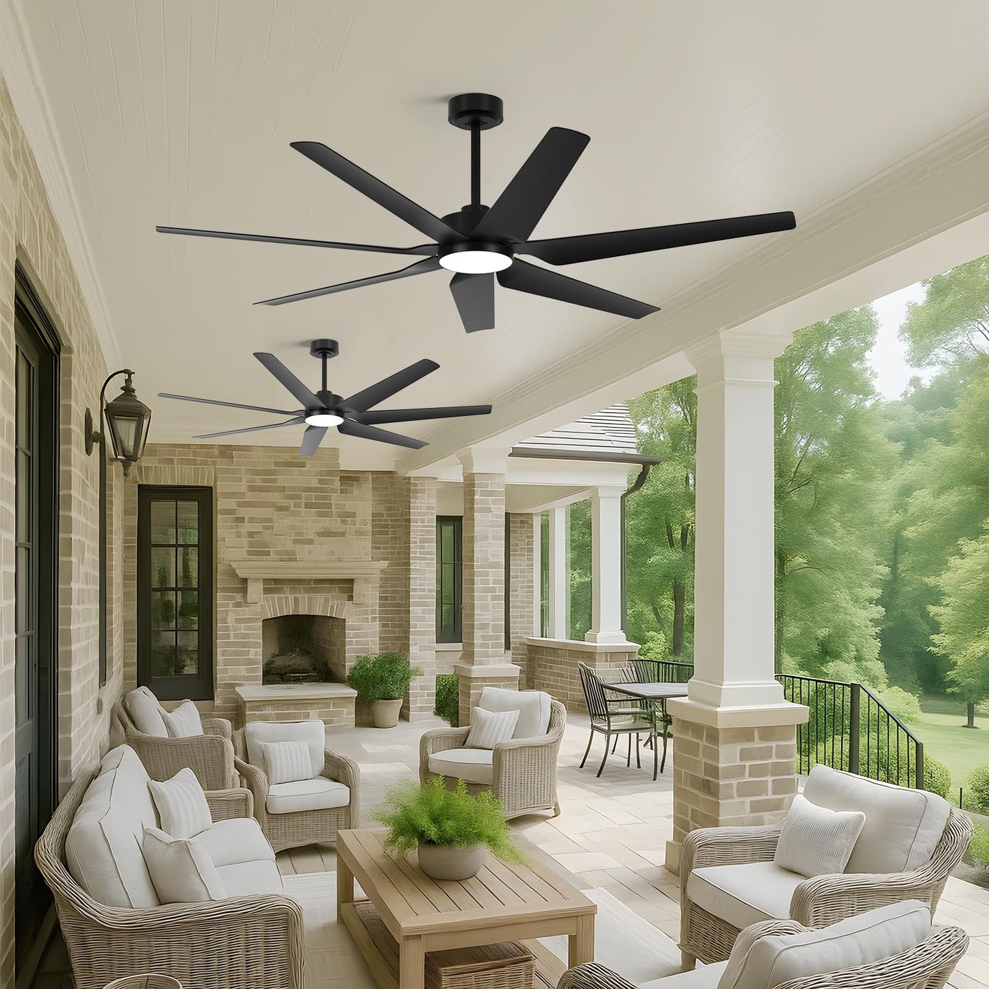 65" smart outdoor fan w/ light, Alexa/app/remote, high airflow, indoor/outdoor, quiet, black.