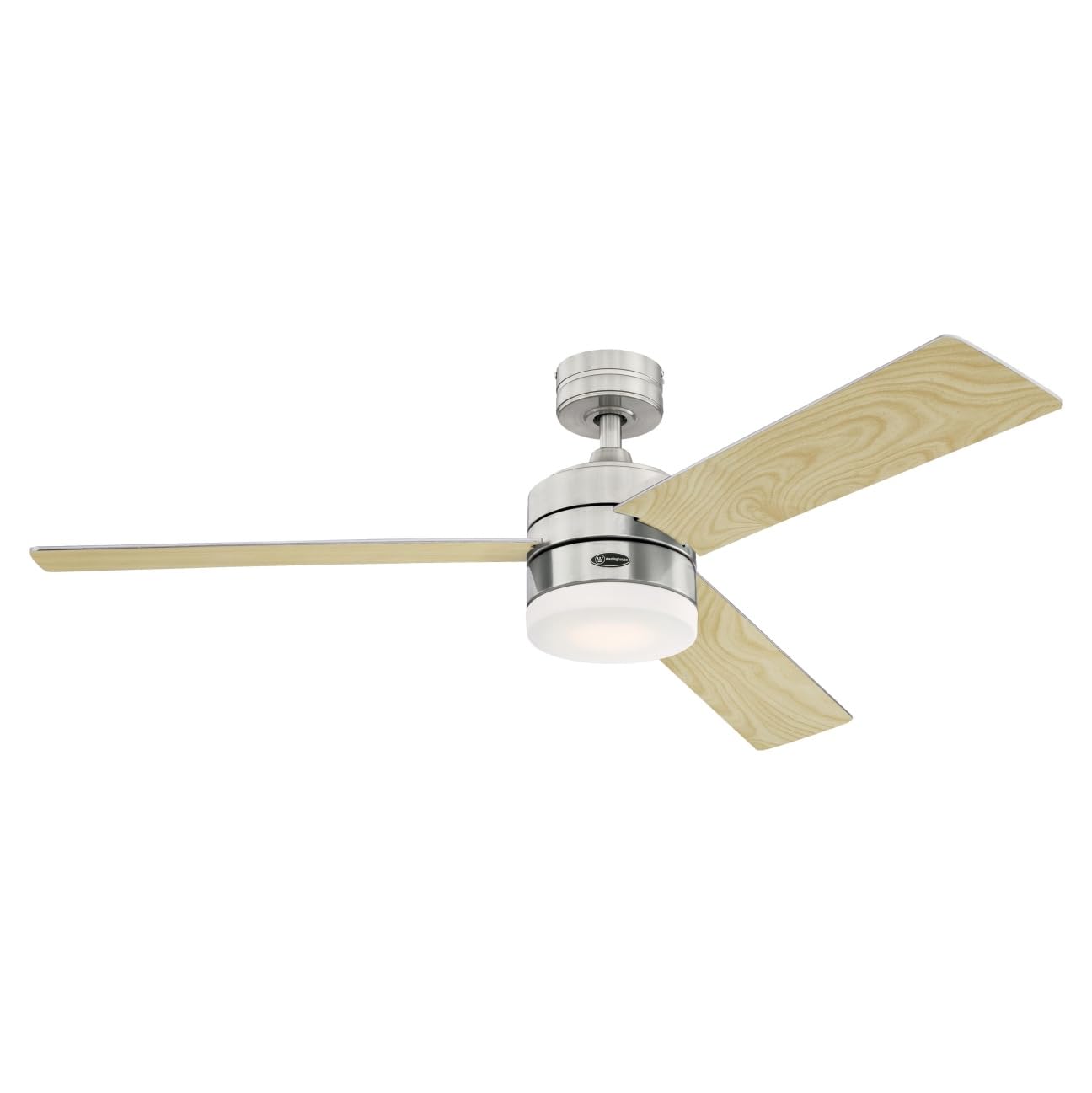 Westinghouse Alta Vista 52" smart fan, LED light, remote, brushed nickel, frosted glass.