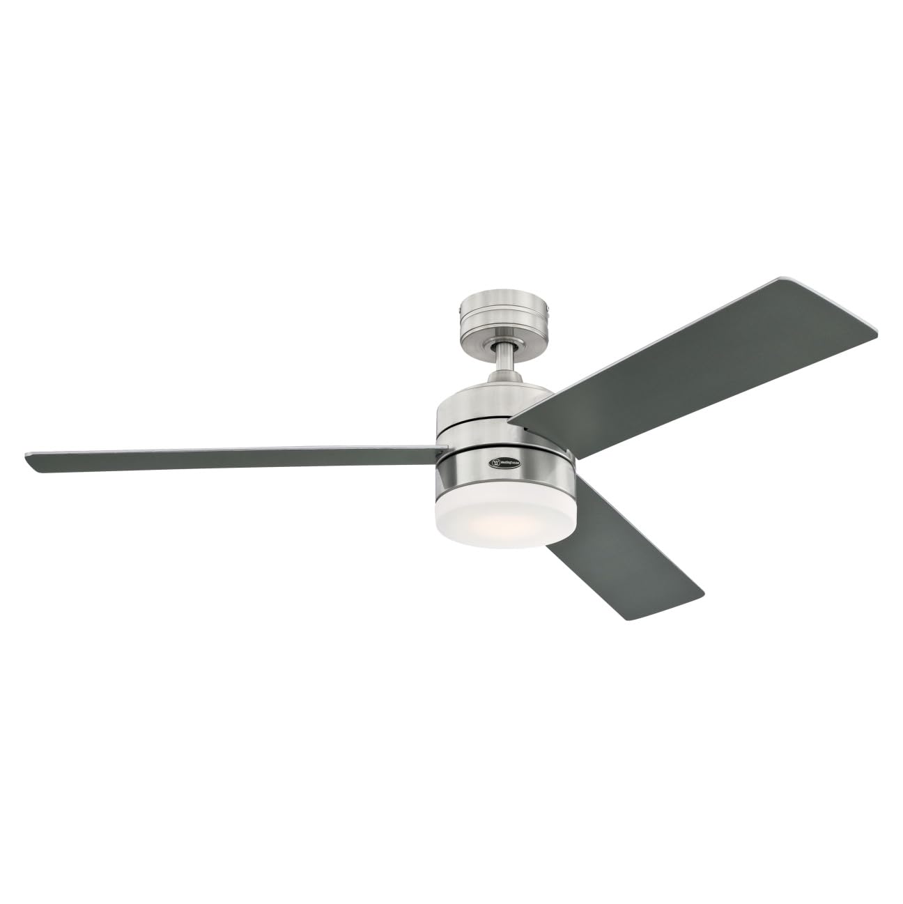 Westinghouse Alta Vista 52" smart fan, LED light, remote, brushed nickel, frosted glass.