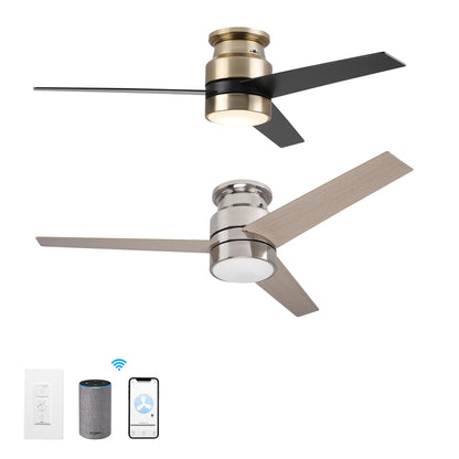 52" flush mount smart ceiling fan, black/gold/silver, Alexa/Google, reversible, timer, no remote/hub.