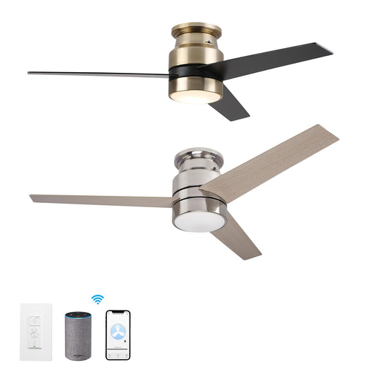 52" flush mount smart ceiling fan, black/gold/silver, Alexa/Google, reversible, timer, no remote/hub.