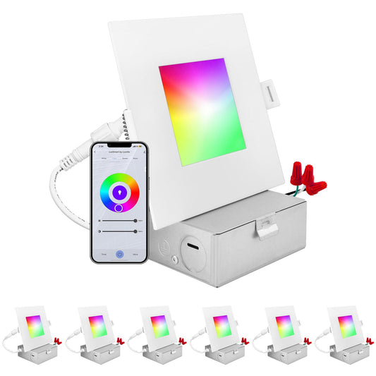 LUXRITE 4" square RGBW smart recessed light, WiFi, Alexa/Google, 700lm, 6-pack.