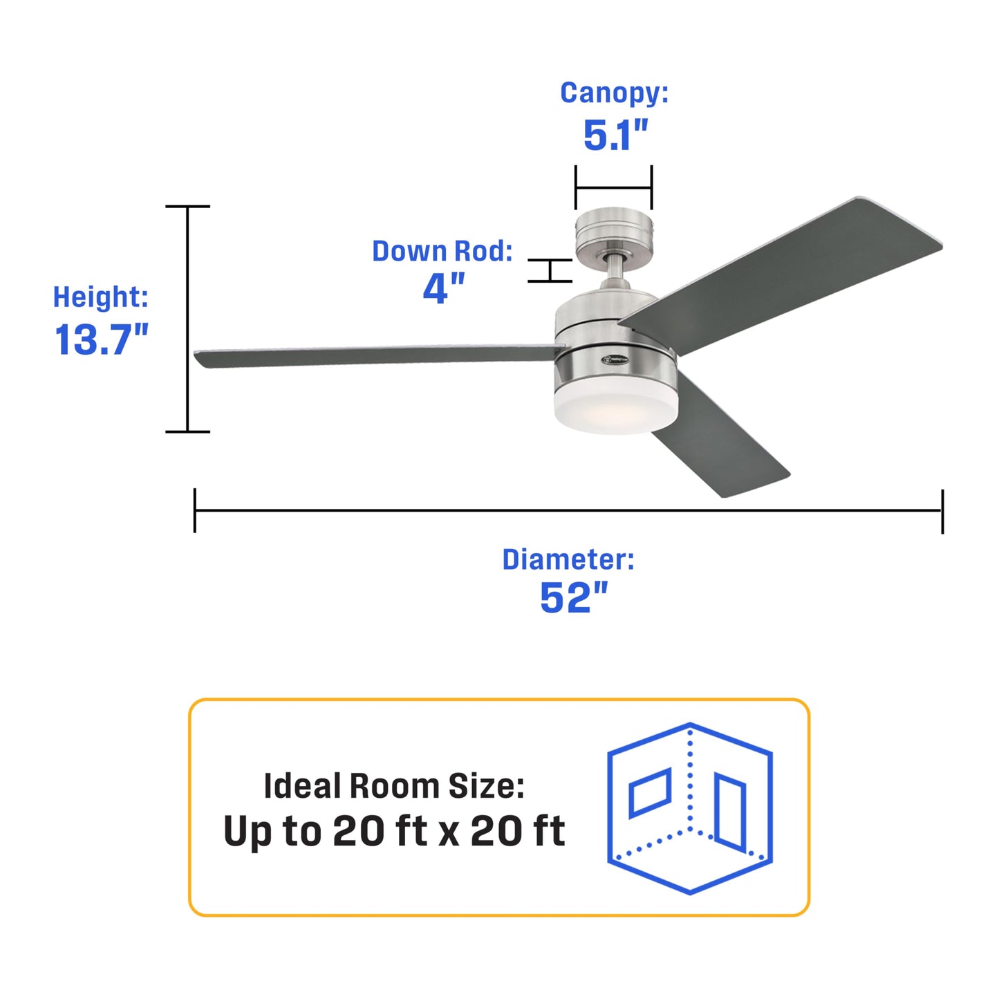 Westinghouse Alta Vista 52" smart fan, LED light, remote, brushed nickel, frosted glass.
