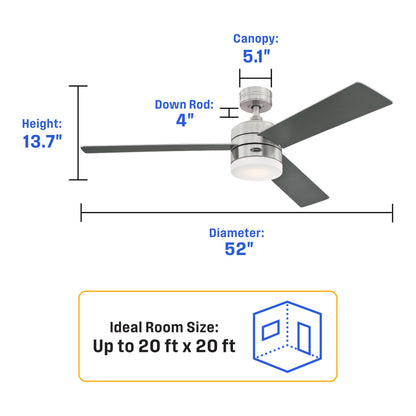 Westinghouse Alta Vista 52" smart fan, LED light, remote, brushed nickel, frosted glass.