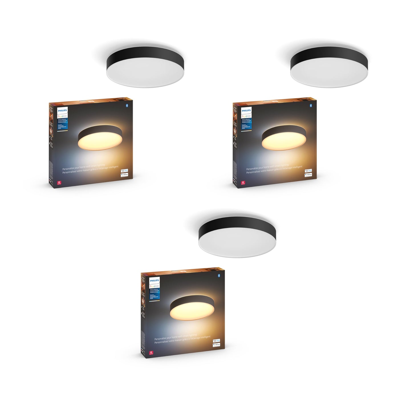 Philips Hue Enrave large ceiling lamp, black, warm-to-cool white, 3-pack, smart control.