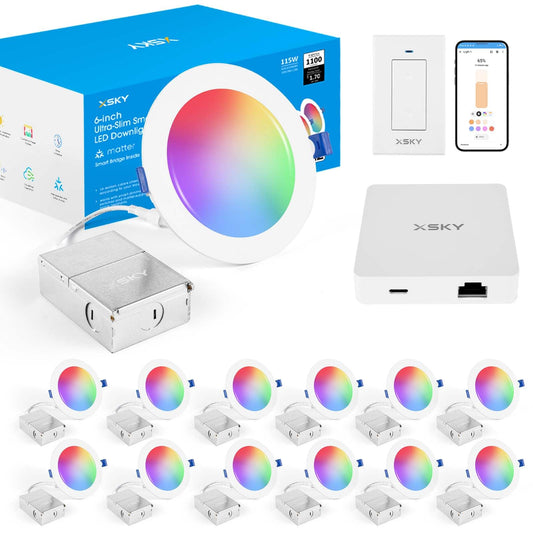 Xsky 6" smart recessed lights, 12-pack, Matter bridge, RGBCW, Alexa/Google/Siri.