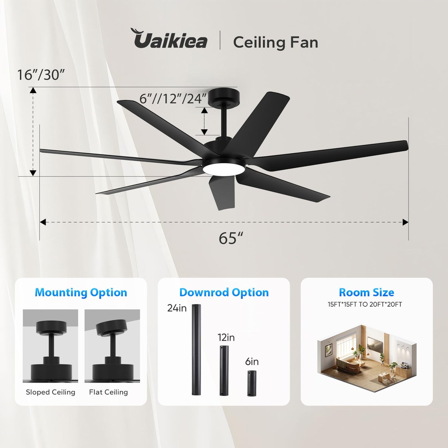 65" smart outdoor fan w/ light, Alexa/app/remote, high airflow, indoor/outdoor, quiet, black.