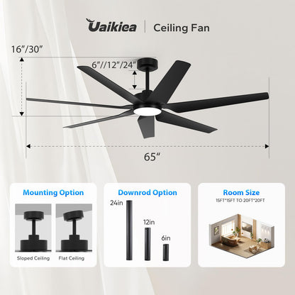 65" smart outdoor fan w/ light, Alexa/app/remote, high airflow, indoor/outdoor, quiet, black.