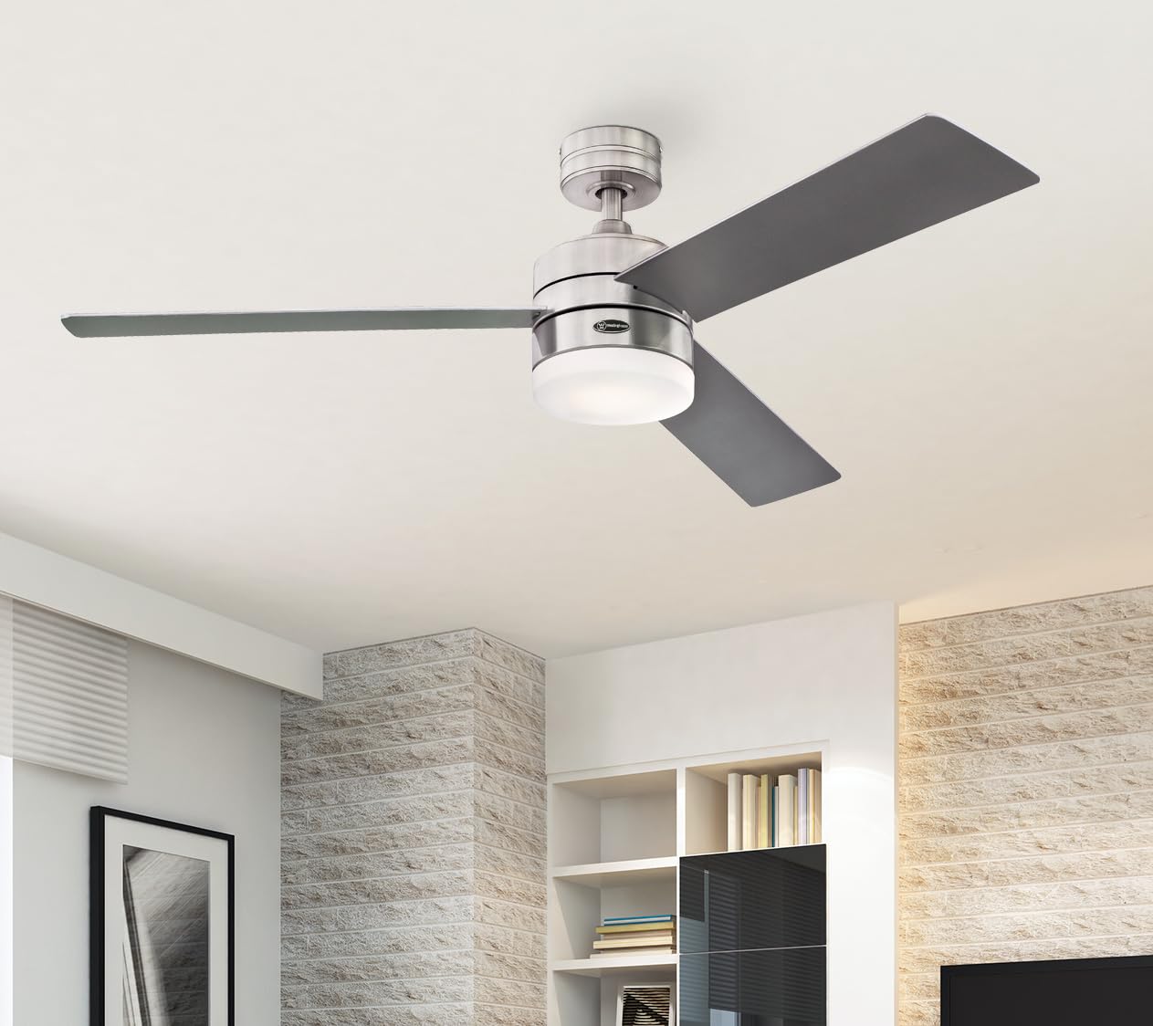 Westinghouse Alta Vista 52" smart fan, LED light, remote, brushed nickel, frosted glass.