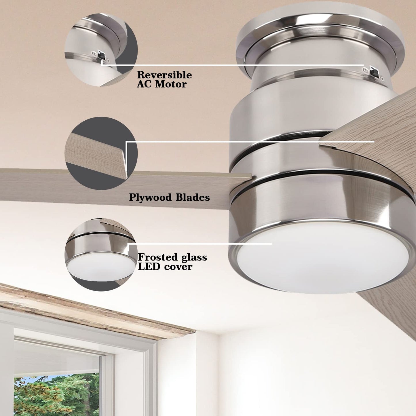 52" flush mount smart ceiling fan, black/gold/silver, Alexa/Google, reversible, timer, no remote/hub.