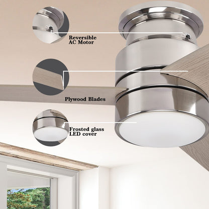 52" flush mount smart ceiling fan, black/gold/silver, Alexa/Google, reversible, timer, no remote/hub.