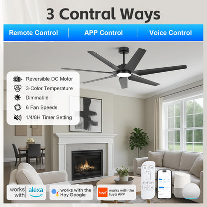 65" smart outdoor fan w/ light, Alexa/app/remote, high airflow, indoor/outdoor, quiet, black.