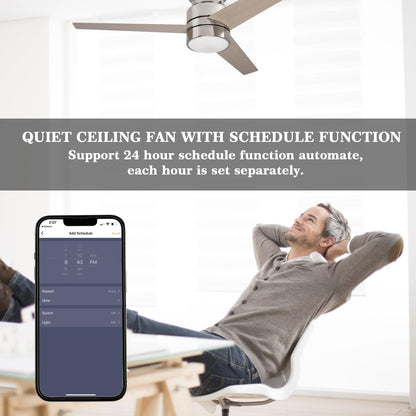 52" flush mount smart ceiling fan, black/gold/silver, Alexa/Google, reversible, timer, no remote/hub.