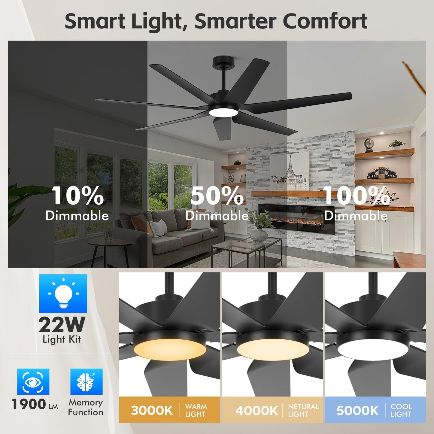 65" smart outdoor fan w/ light, Alexa/app/remote, high airflow, indoor/outdoor, quiet, black.