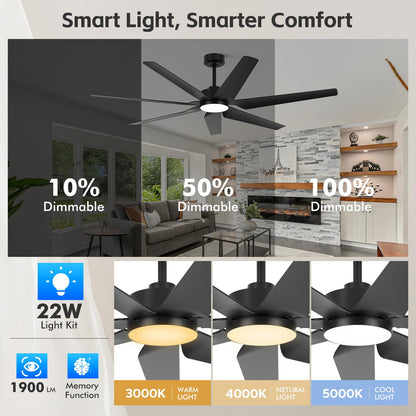 65" smart outdoor fan w/ light, Alexa/app/remote, high airflow, indoor/outdoor, quiet, black.