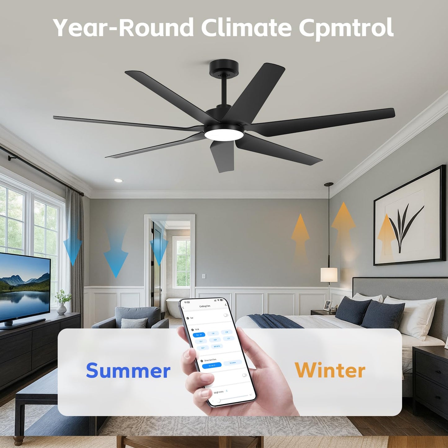 65" smart outdoor fan w/ light, Alexa/app/remote, high airflow, indoor/outdoor, quiet, black.