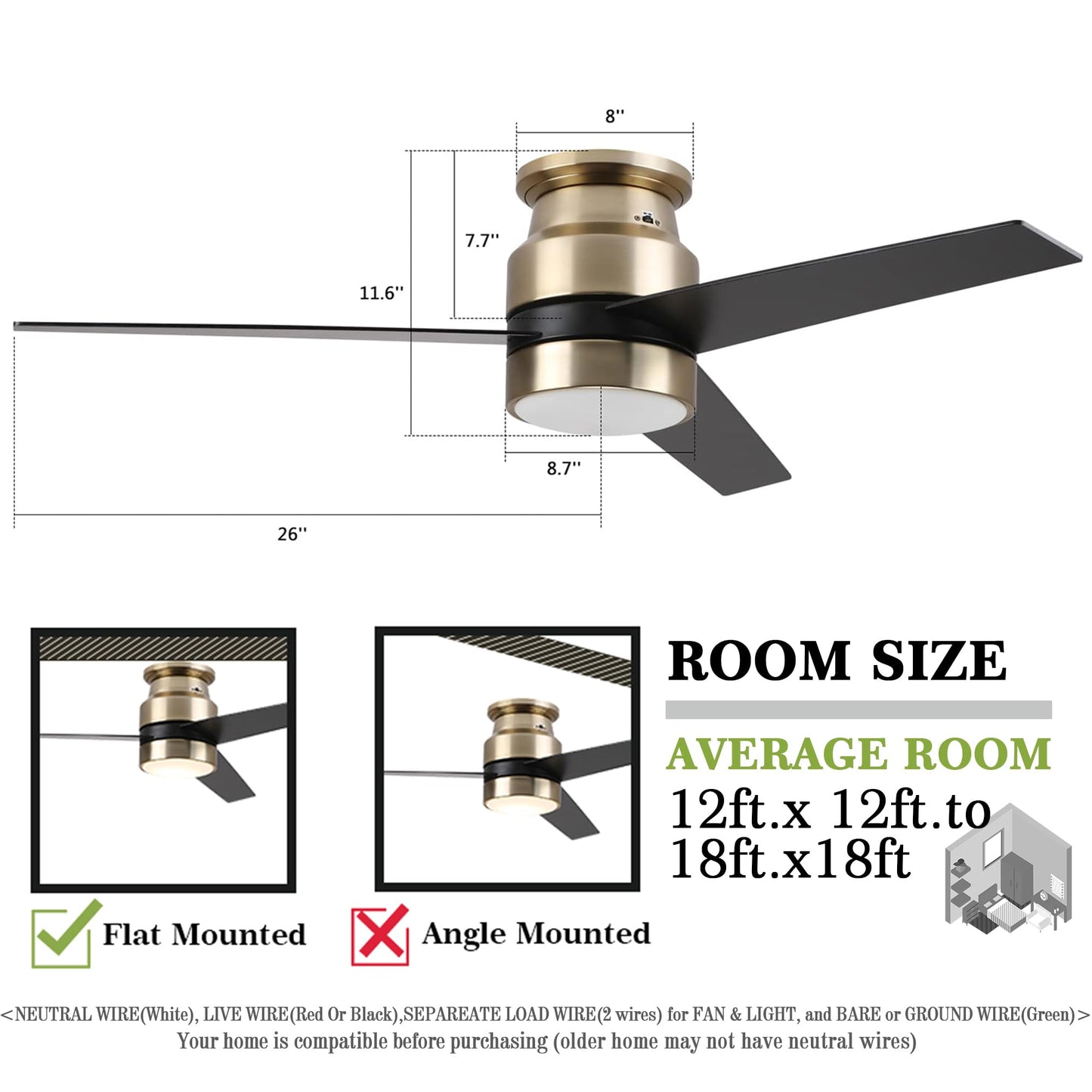 52" flush mount smart ceiling fan, black/gold/silver, Alexa/Google, reversible, timer, no remote/hub.