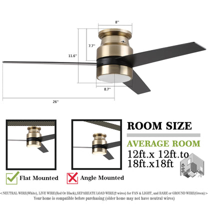 52" flush mount smart ceiling fan, black/gold/silver, Alexa/Google, reversible, timer, no remote/hub.
