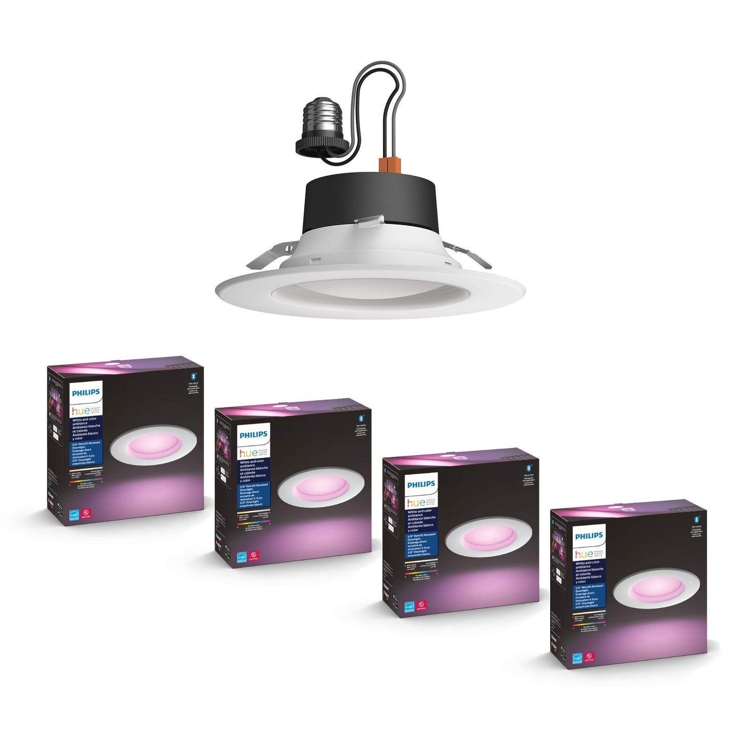 Philips Hue 6" recessed downlight, color+white ambiance, 4-pack, app, Alexa/Google/HomeKit.