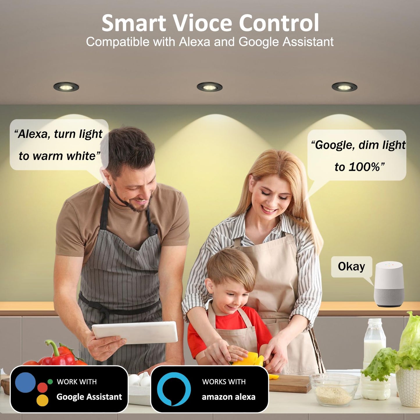 2" WiFi smart LED downlight, RGBCW, dimmable, Alexa/Google, 12-pack.