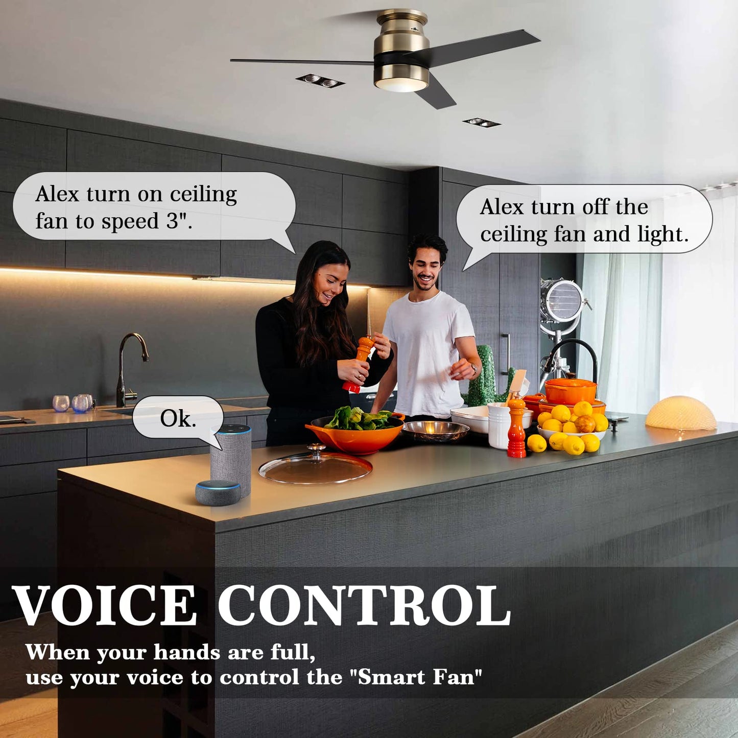 52" flush mount smart ceiling fan, black/gold/silver, Alexa/Google, reversible, timer, no remote/hub.