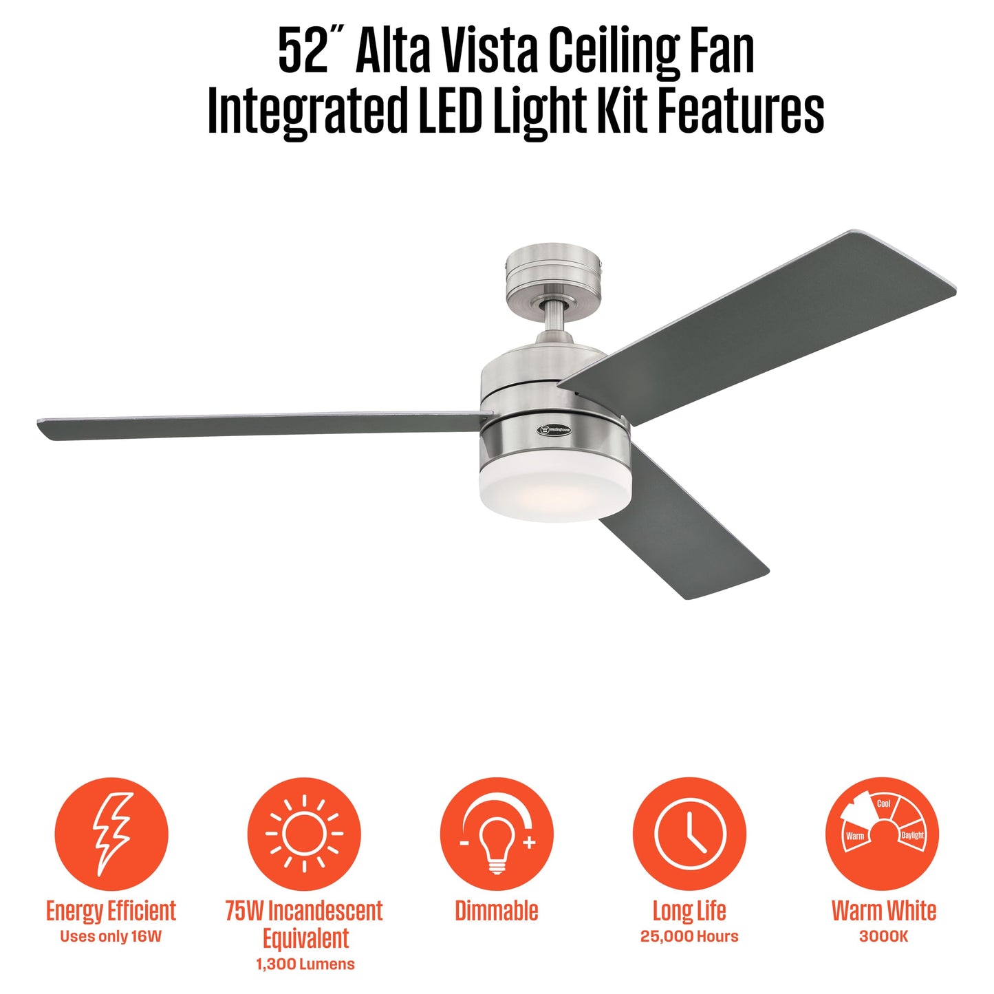 Westinghouse Alta Vista 52" smart fan, LED light, remote, brushed nickel, frosted glass.