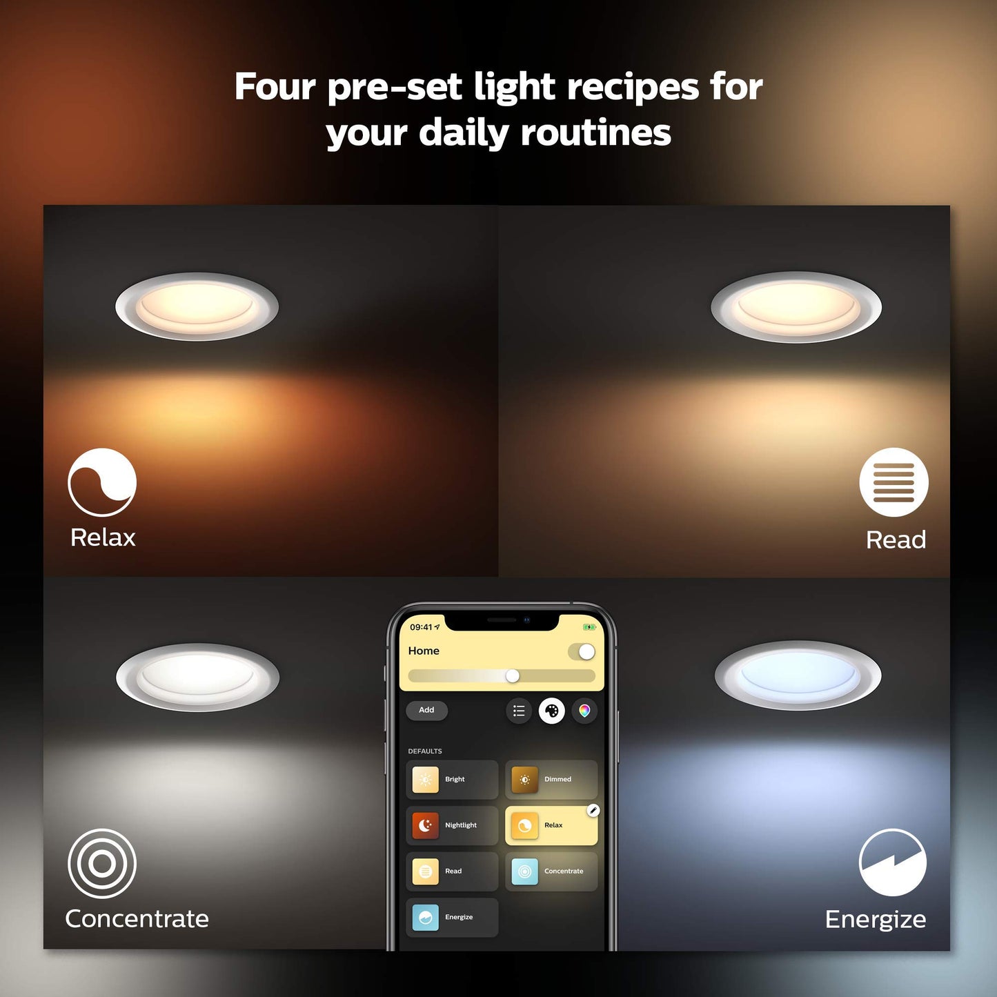 Philips Hue 6" recessed downlight, color+white ambiance, 4-pack, app, Alexa/Google/HomeKit.