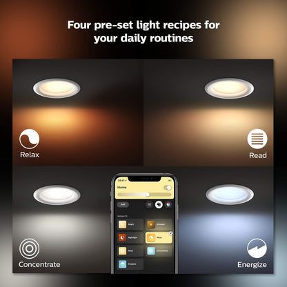 Philips Hue 6" recessed downlight, color+white ambiance, 4-pack, app, Alexa/Google/HomeKit.