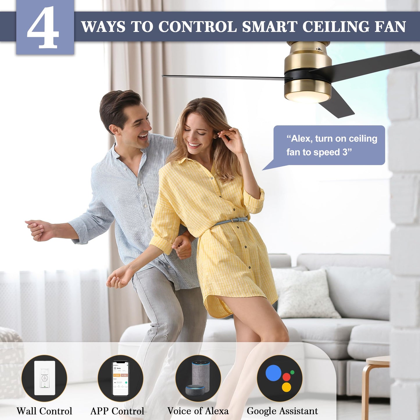 52" flush mount smart ceiling fan, black/gold/silver, Alexa/Google, reversible, timer, no remote/hub.
