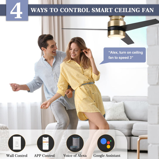 52" flush mount smart ceiling fan, black/gold/silver, Alexa/Google, reversible, timer, no remote/hub.