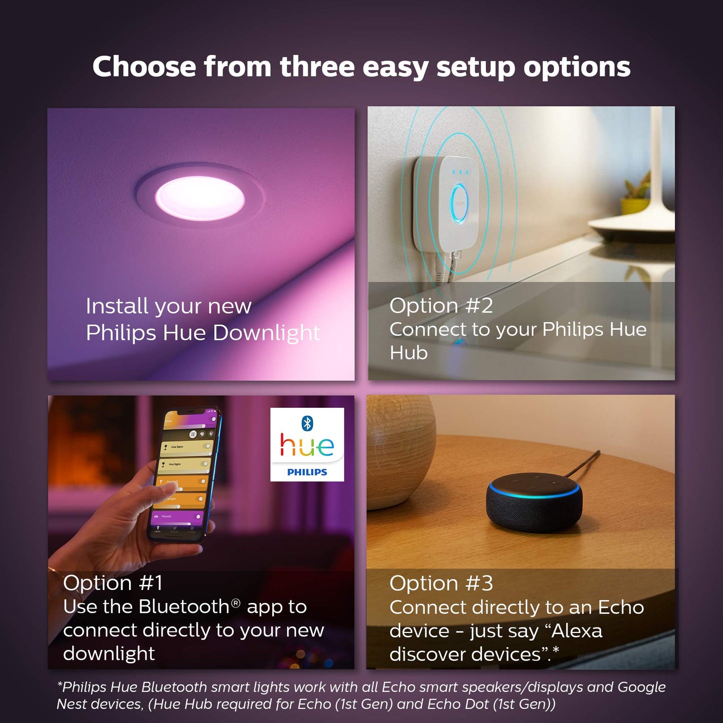 Philips Hue 6" recessed downlight, color+white ambiance, 4-pack, app, Alexa/Google/HomeKit.
