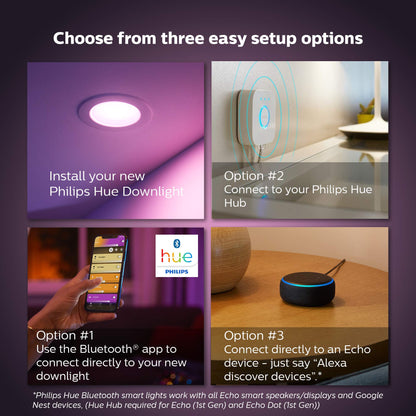 Philips Hue 6" recessed downlight, color+white ambiance, 4-pack, app, Alexa/Google/HomeKit.