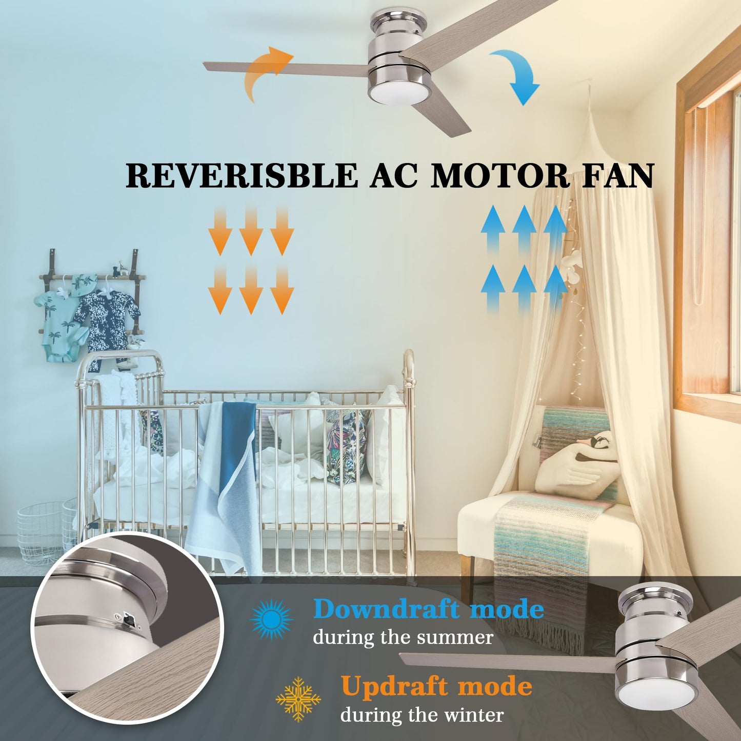 52" flush mount smart ceiling fan, black/gold/silver, Alexa/Google, reversible, timer, no remote/hub.