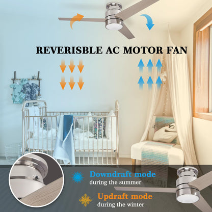 52" flush mount smart ceiling fan, black/gold/silver, Alexa/Google, reversible, timer, no remote/hub.