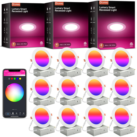 Lumary 4" RGBWW recessed light, 9W, WiFi app, Alexa/Google, 12-pack.