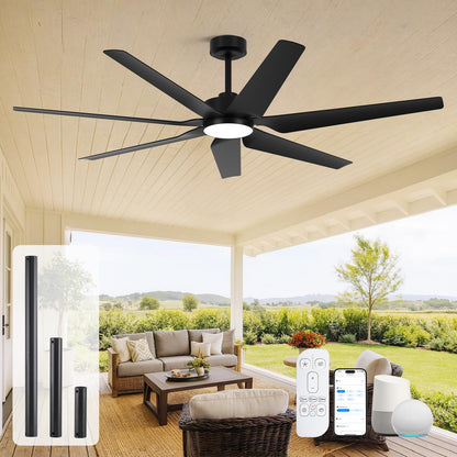 65" smart outdoor fan w/ light, Alexa/app/remote, high airflow, indoor/outdoor, quiet, black.