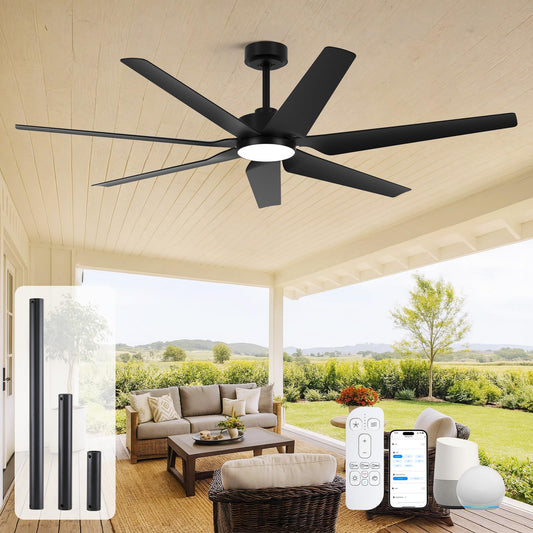65" smart outdoor fan w/ light, Alexa/app/remote, high airflow, indoor/outdoor, quiet, black.