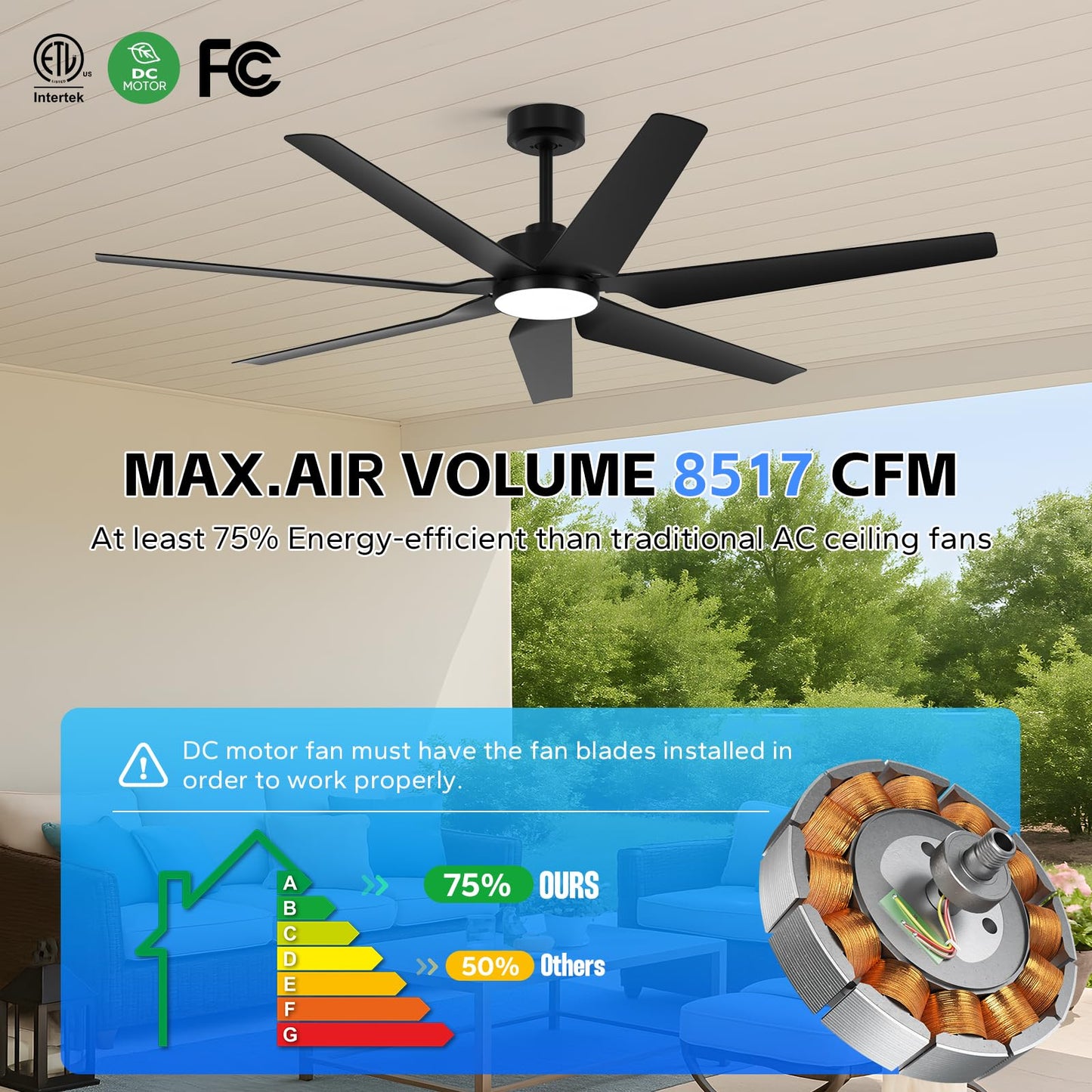 65" smart outdoor fan w/ light, Alexa/app/remote, high airflow, indoor/outdoor, quiet, black.